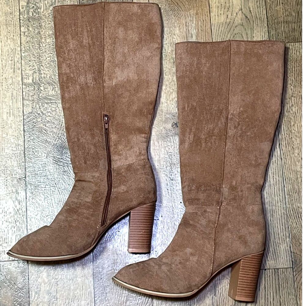 Women’s Taupe Faux Suede Knee High Boots EU 41 US 10-10.5 Block Heel